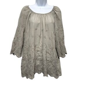 JM Collection Women Embroidered Folk Peasant Tunic XL Taupe Eyelet Boho Cottage